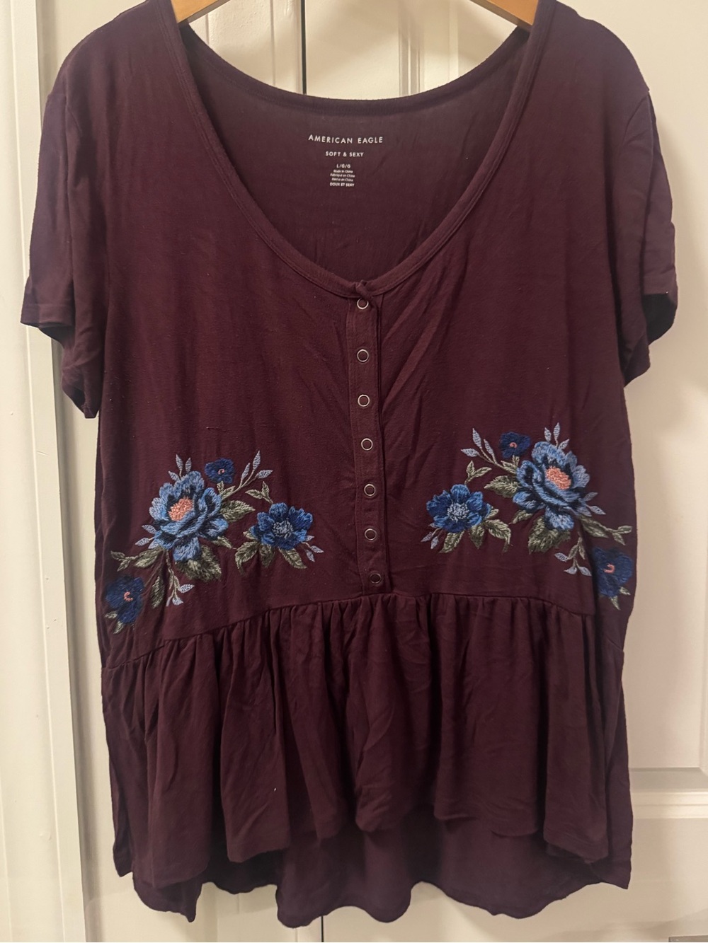 American Eagle Outfitters Burgundy Floral Embroidered Peplum Henley Top